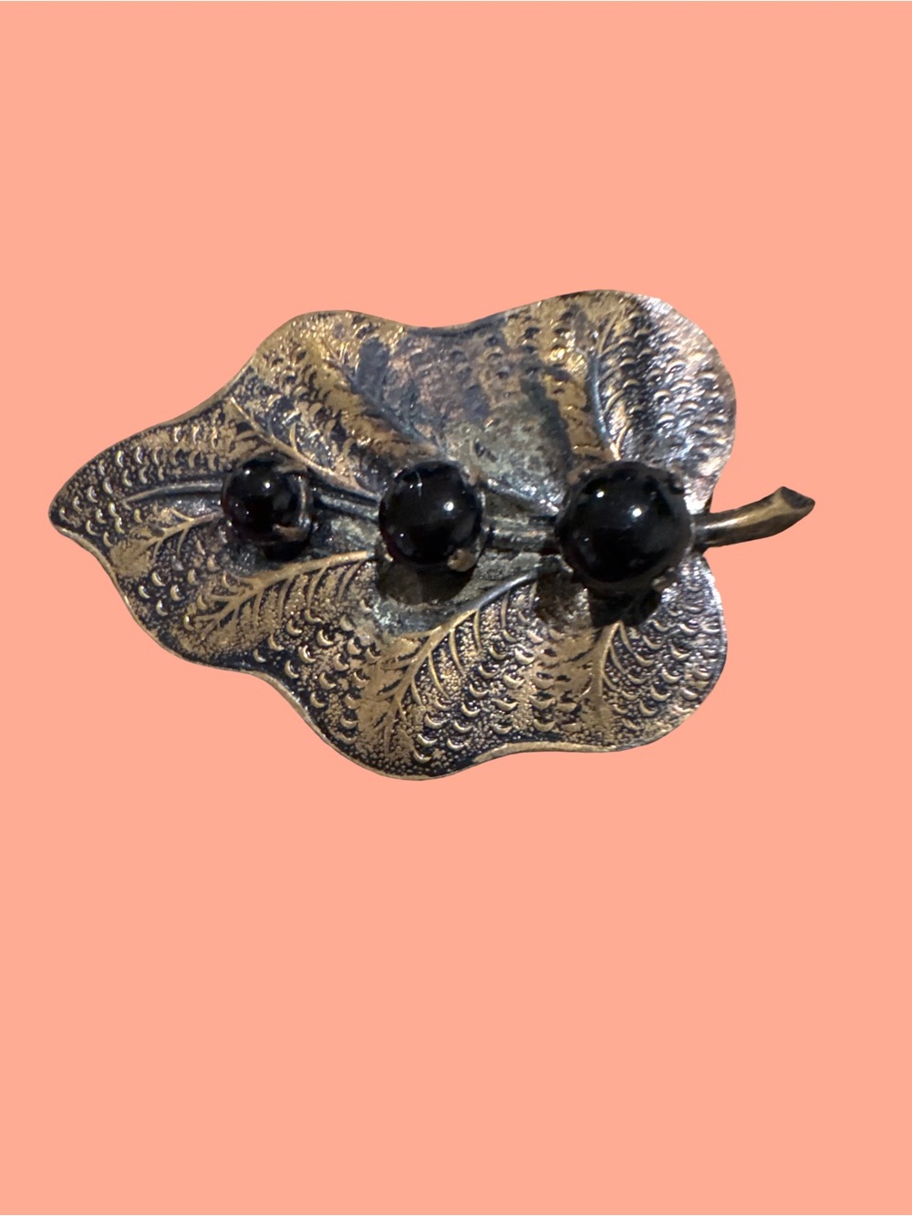 Silver Leaf Brooch with Black Bead Accents